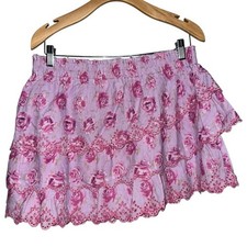 LoveShackFancy Women  s Size L Lilac Pink Floral Print Tiered Mini Skirt
