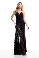 NEW, Dress the Population Gianna Lace Panel Crepe Evening Gown Black L #LD182