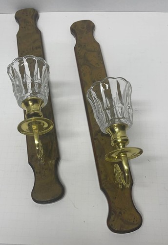 Vintage Home Interiors and Gifts wood sconces with Brass Metal w/ Glass cups - Picture 2 of 9
