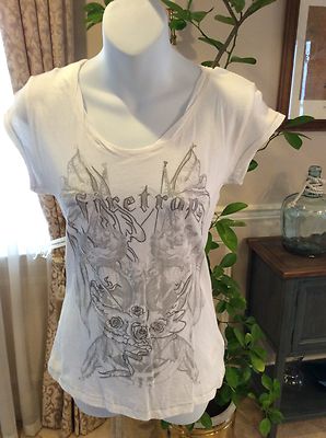 Firetrap Womens Dionnelegion OpticwhiTop MediumRound Neck Chest Print Cotton NWT
