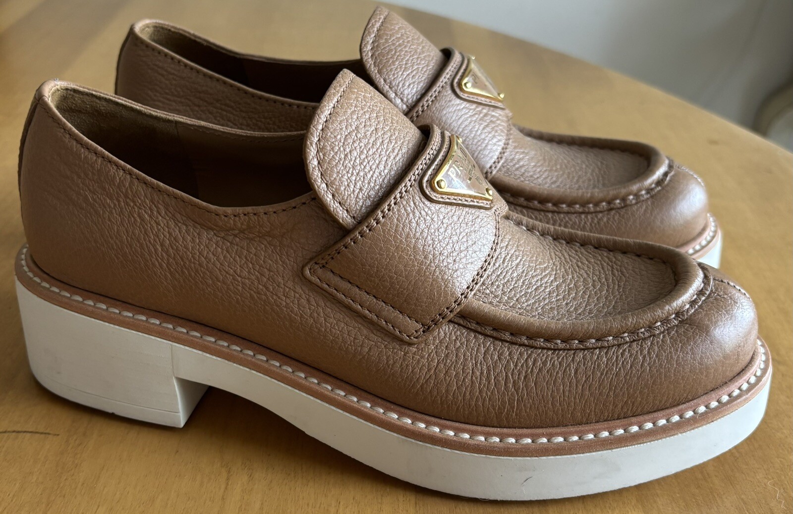PRADA Triangular Logo Tan Leather Mod Toe  Loafer… - image 1