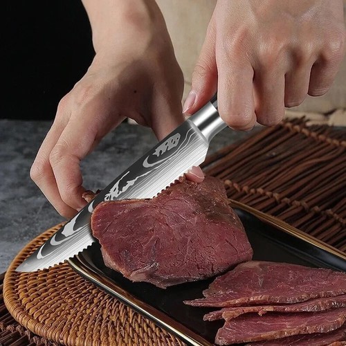 Damascus Steak Knife Set Stainless Steel Steak Knives Meat Cleaver Slicing Knife - Picture 2 of 8