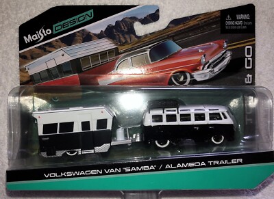 TOW & GO MAISTO DESIGN VOLKSWAGEN VAN ''SAMBA''/ALAMEDA TRAILER DIECAST 2023 NEW