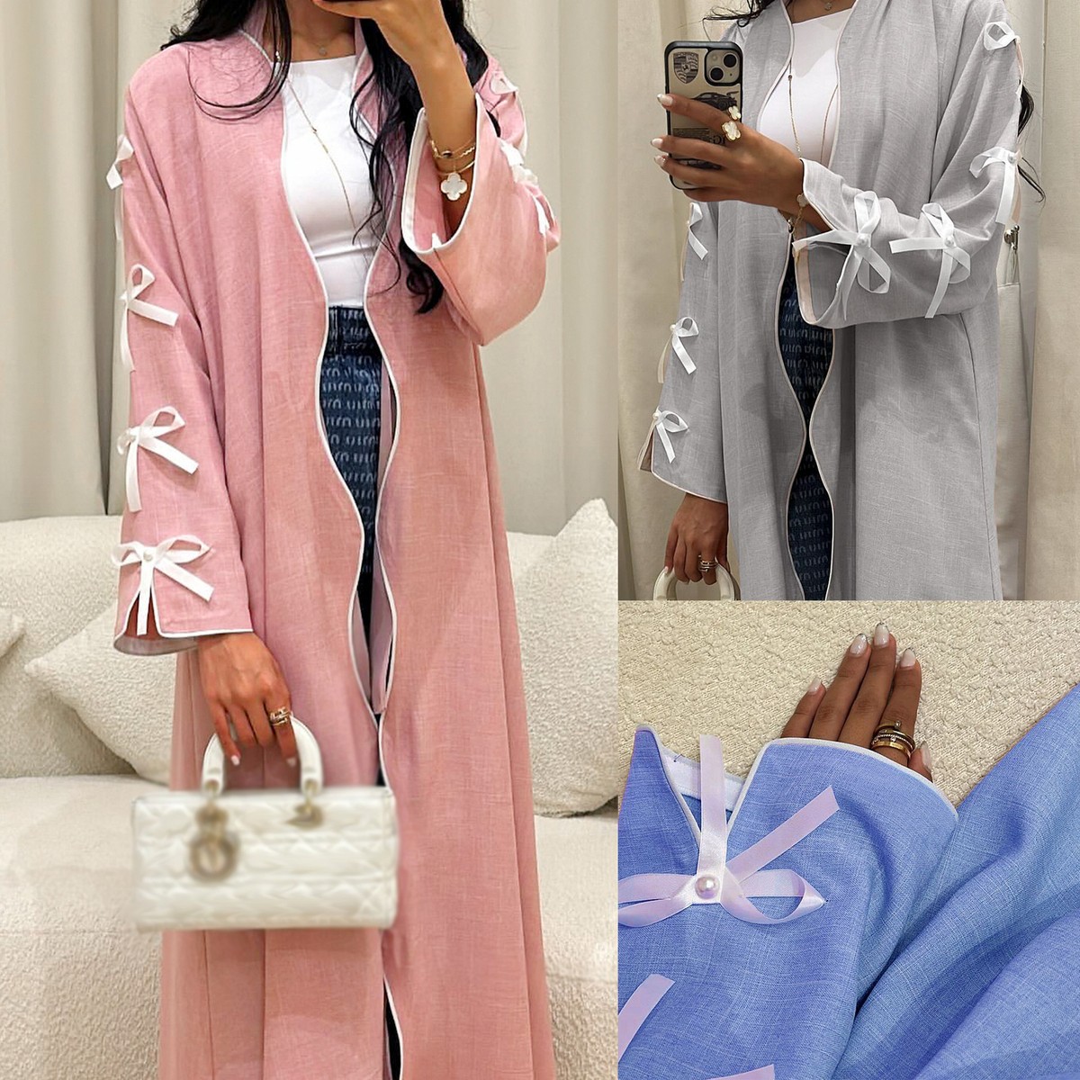 Bowknot Open Kimono Abaya Muslim Women Dress Kaftan Dubai Robe Loose Party  Gown