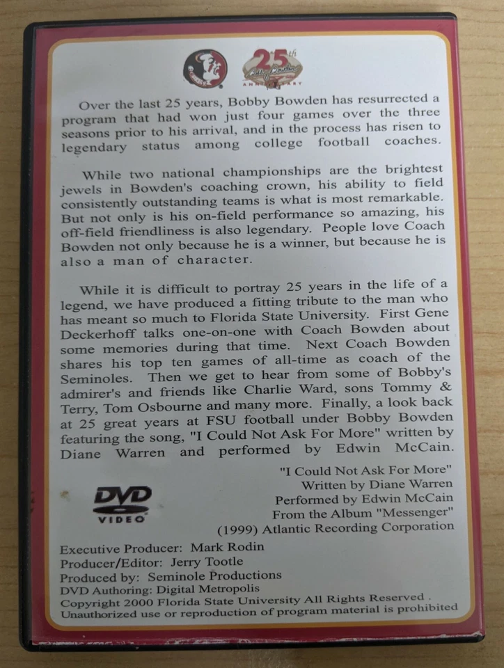 DVD_Seminoles_Entrenador de Fútbol del Estado de Florida homenaje 25 Aniversario Bobby Bowden Foto 4 de 4