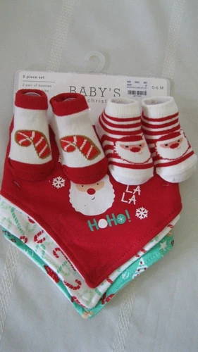 New Infant Bandana Bib & Booties Set 0-6M Holiday Santa & Candy Canes