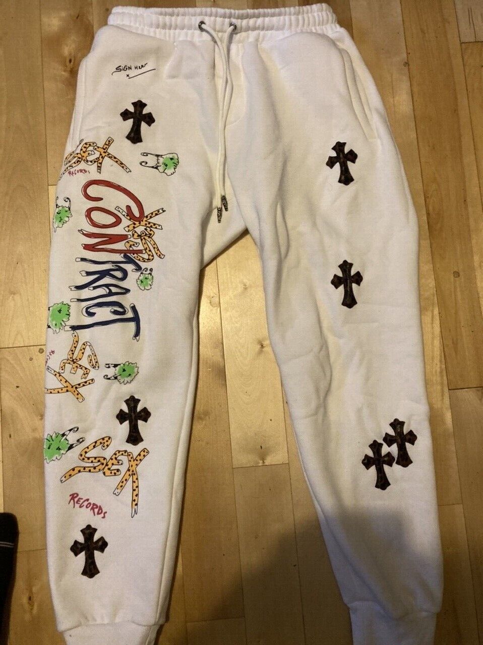 Chrome Hearts White Sex Records Crosses Mens 32 Elastic Stretch waist  Sweatpants