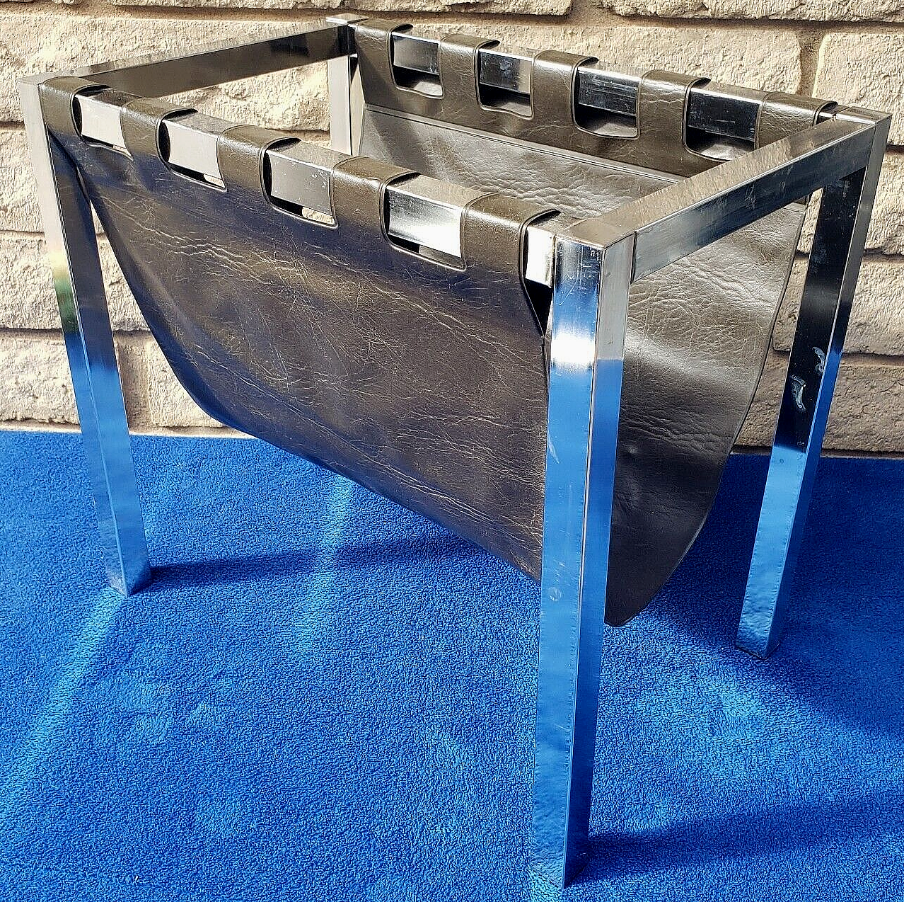 Chrome Metal & Brown Vinyl MAGAZINE RACK/LP Record Holder MCM Vtg BAUGHMAN STYLE