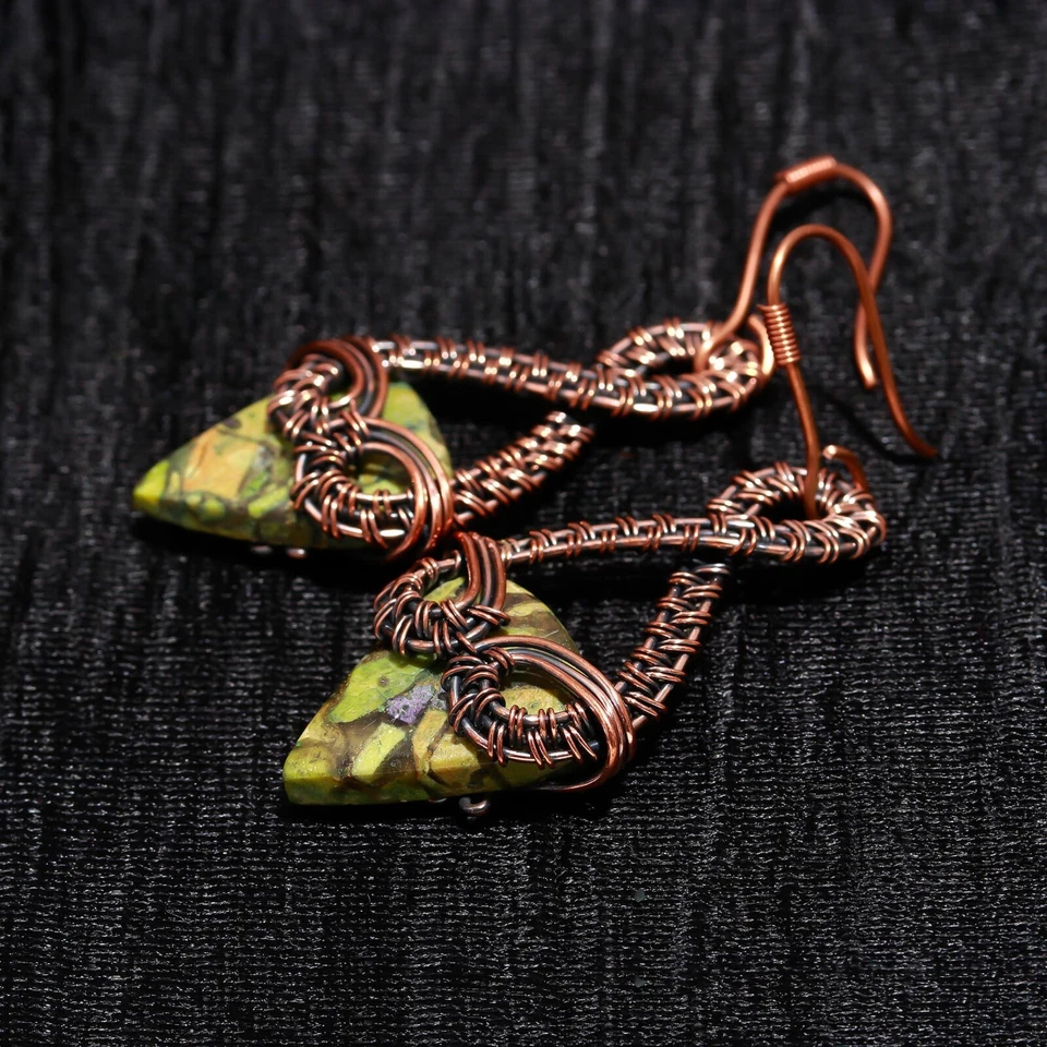 Brinco de cobre espinhoso turquesa pedra preciosa feito à mão joia fio envolto cobre - Imagem 3 de 4