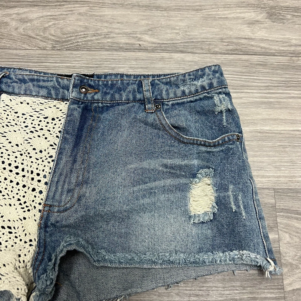 Pantalones Cortos de Jean Y2K Azul Encaje Mujer 30" Daisy Duke Distressed Cheeky Coquette Fairy Foto 3 de 4