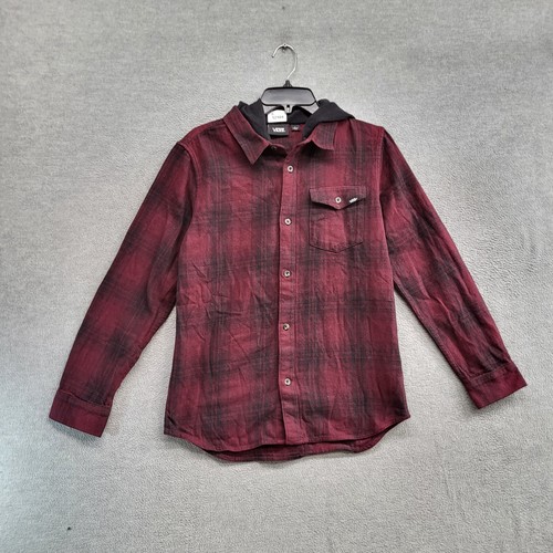 VANS Men Jacket Large Red Plaid Shacket Button Up Hooded Lightweight Collar