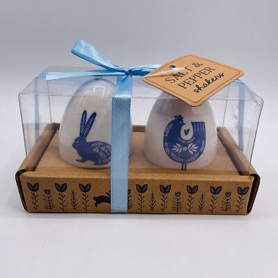 Salt & Pepper Shakers Set Eccolo Ceramic Egg Rooster & Rabbit White Blue Holiday