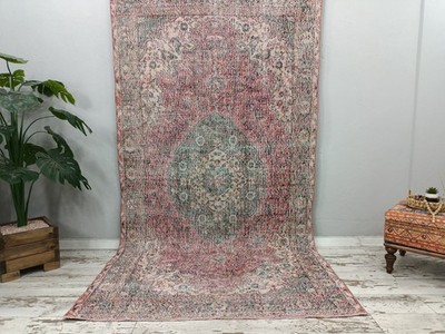 Vintage Oushak Rug Handmade Turkish Low Pile Wool 5.2x9.6 Ft Pink Area