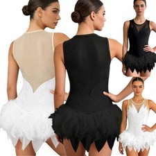 US YiZYiF Lady Gymnastics Bodysuit Fuzzy Feather Irregular Hem Ballerina Leotard