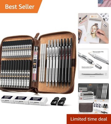 45PC Black & Silver Mechanical Pencil Set in Luxury Leather Case - Sketch wit...