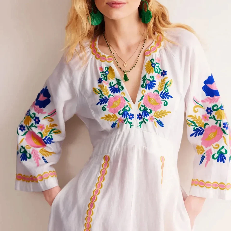 Boden Una Linen Embroidered Dress UK 10 Petite - Image 4 of 4