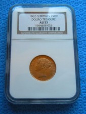 1862 GB Victorian Gold Sovereign Douro Shipwreck Treasure coin NGC AU graded.