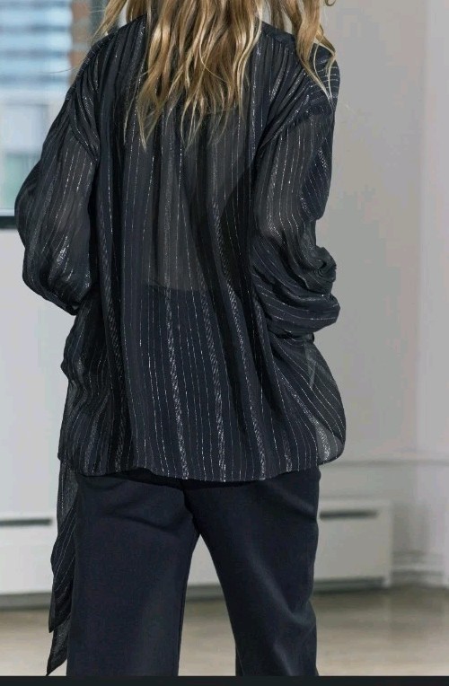 Zara ZW Collection Metallic Thread Semi-sheer Tie Neck Blouse Black Sz M NWT image 7