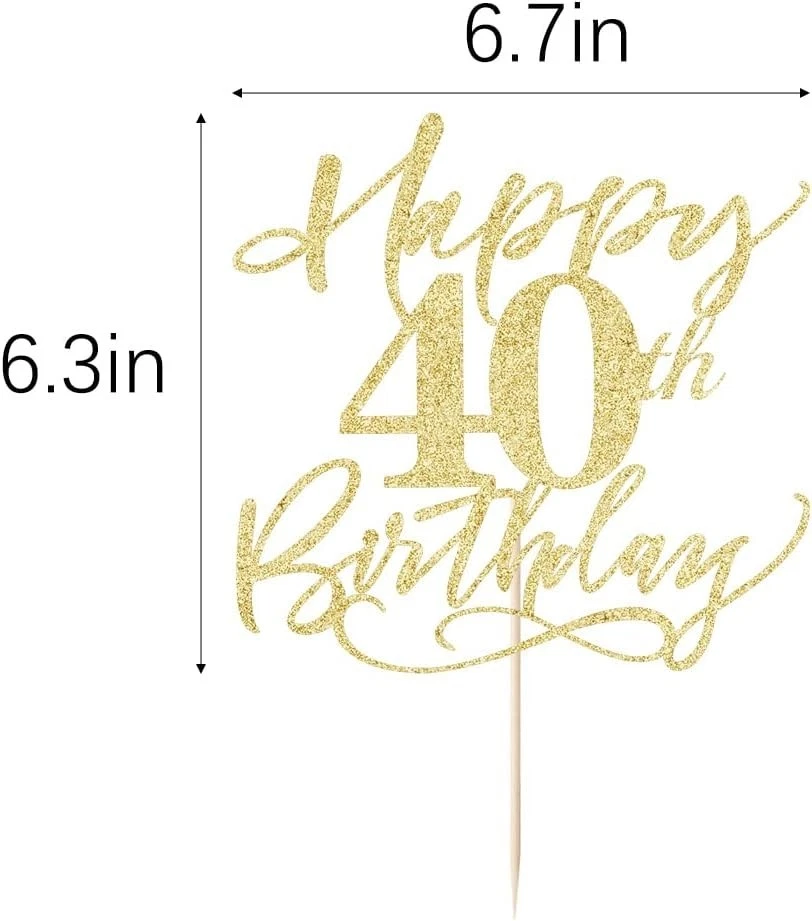 Dorado Feliz 40 Cumpleaños Pastel Topper Brillo 40 Cumpleaños Pastel Pick Decoraciones Foto 2 de 4