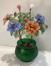 Vintage Chinese Jade Color Glass Flowering Bonsai Tree in E.O. Brody Vase