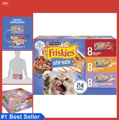 Wet Cat Food Variety Pack 24 Cans Shreds in Gravy Chicken Turkey Beef