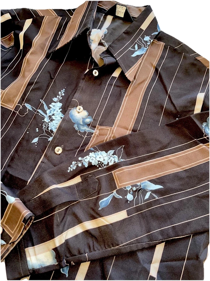 "Camisa geográfica floral marrón chemise et cie de colección años 70 cuello de daga discoteca M/L 44"" pecho" Foto 2 de 4