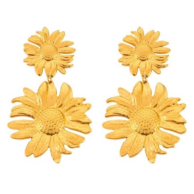 18K Gold Plated Women's Sunflower Pierced Earrings Dangling Bold Floral Chic