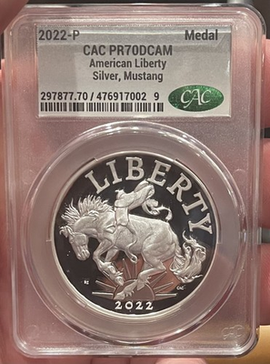 #ad 2022 P 1 oz. CAC Graded PR70 DCAM American Liberty Silver Medal Mustang $249.00