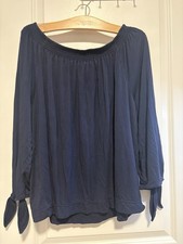 CHAPS DENIM Navy Blue Tie Sleeve Off The Shoulder Jersey Blouse Sz L EUC
