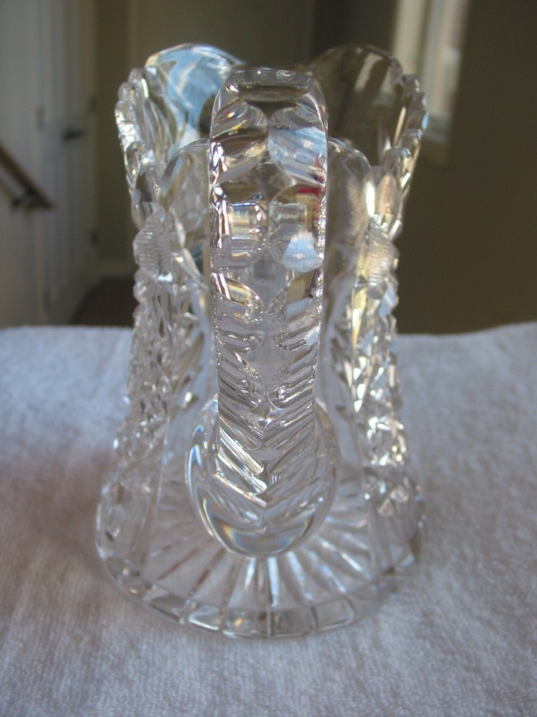 American Brilliant Cut Glass Antique Pitcher w/ Hobstar & Notched Mitres 8 inch