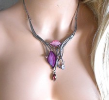 Purple Pink Colored Crystal Leaves Petals Women's Necklace Set Silver Plated