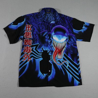 VTG Venom Marvel Shirt Men Large Mega Print Button Up Double Side Blue Y2K