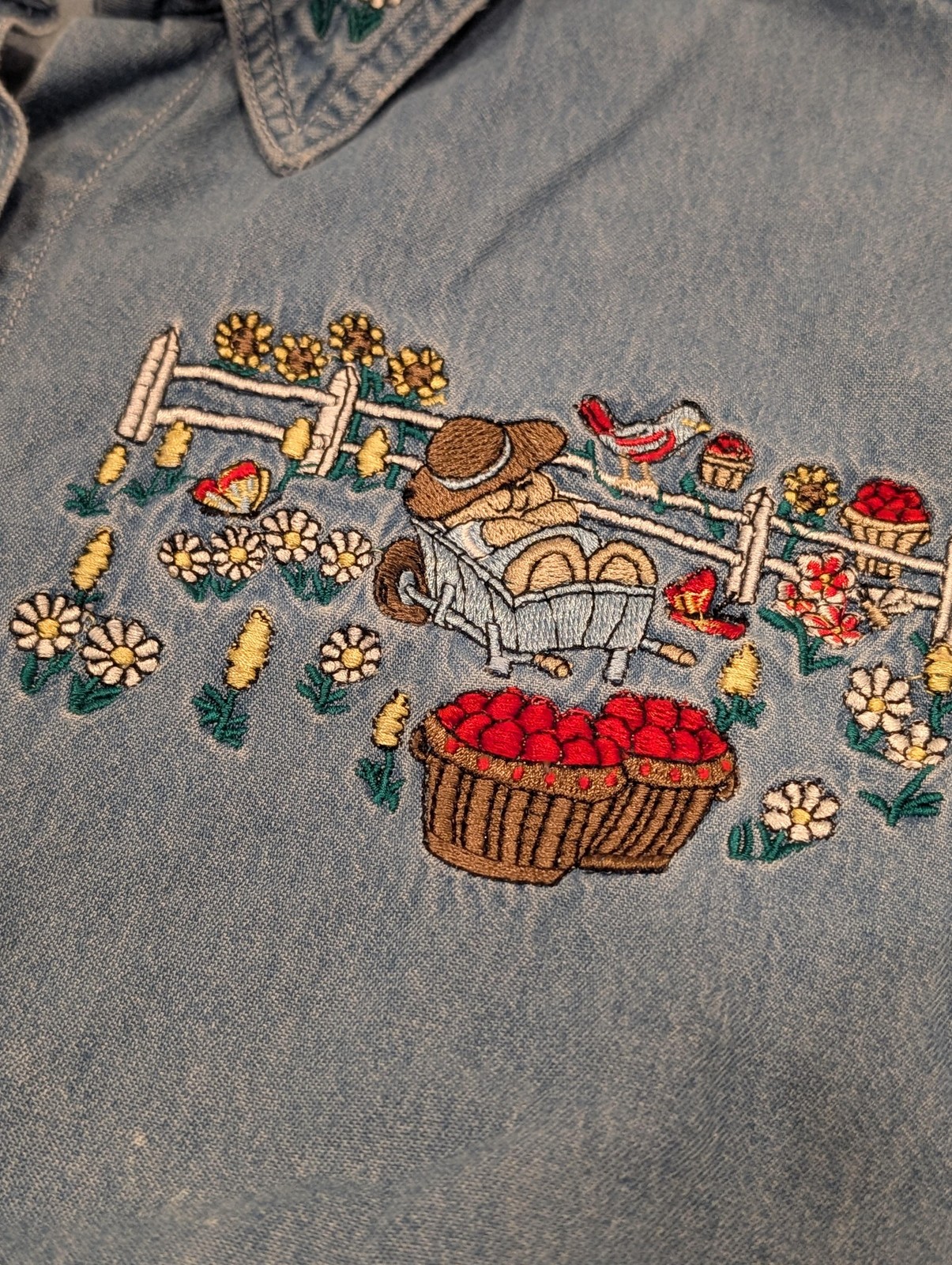 Bobbie Brooks Shirt Womens XL Denim Blue Embroidered Cute Cottagecore Granny