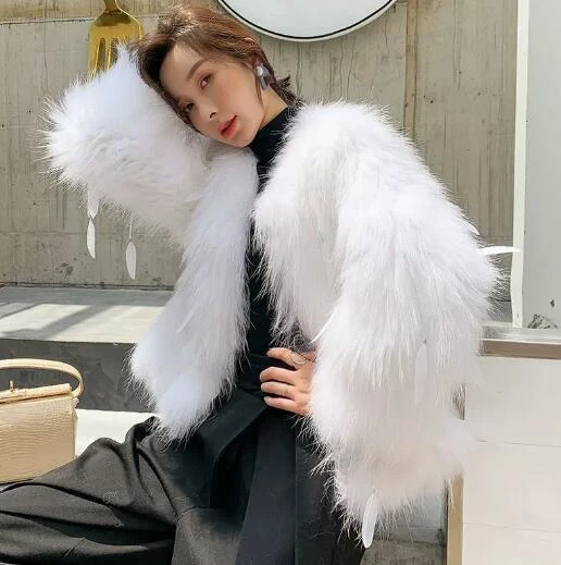 Faux Fur Women Feather Furry Fur Short Coat Winter Jacket Long Sleeve Warm  Party