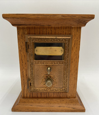 Wooden Bank Handcrafted w/Antique Brass Post Office Box Combo Dial Heavy Oak