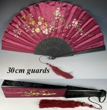 Antique Victorian Napoleon III French Silk Embroidery 30cm Hand Fan Ebony Guards