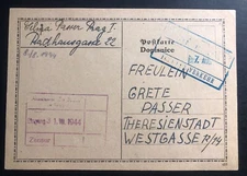 1944 Prague Bohemia Germany Censored Postcard Cover To Theresienstadt Ghetto
