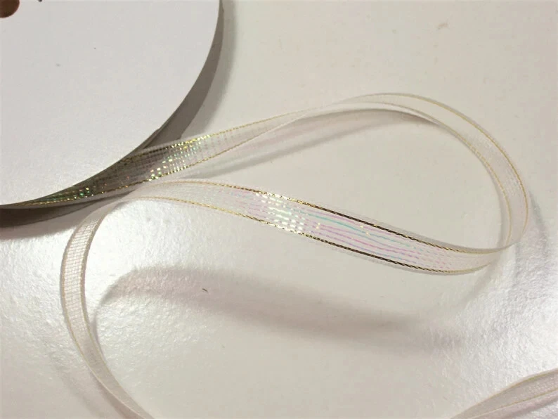 White Opalesque Ribbon 3/8 inch wide x 10 yards Iridescent Metallic Gold B66 - Image 2 of 4