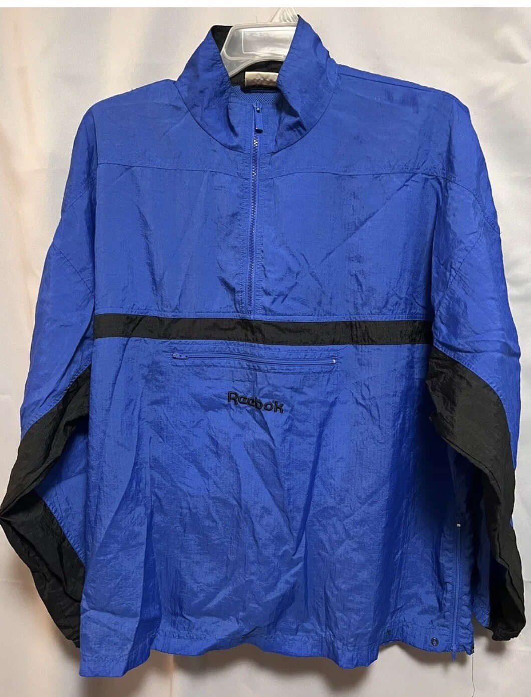Vintage REEBOK 1/2 Zip Pullover Windbreaker Large Lightweight Black Blue 90s L