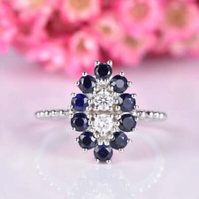 2ct Lab-Created Blue Sapphire Engagement Ring Floral Halo White Gold Plated