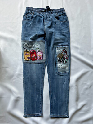 NEW Hot Stylish Soda Fries Embroidery Patch Stripe Wide Jeans Women Girl M L XL