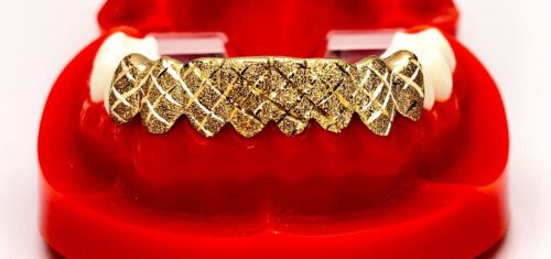 STERLING SILVER W/ 18K YELLOW GOLD PLATED DIAMOND CUT + DUST CUT GRILL GRILLZ - Picture 4 of 7
