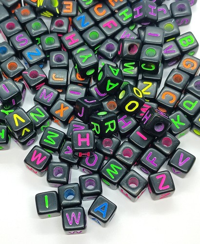 cube black neon colourful acrylic beads 6 ,7, 10mm letter alphabets, 6mm number - Picture 13 of 16