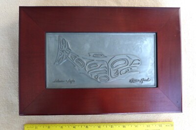 Cherry Wood Storage Box Pewter Metal Indian Salmon-Eagle on lid Roxana Leask