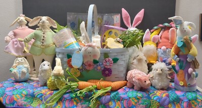 Huge Lot 43 Vintage Easter Decor Baskets Figurines Gnome Rabbits Sheeps Carrots 