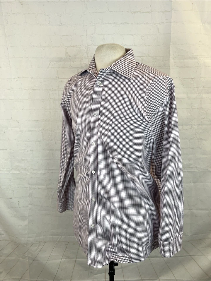 Black Brown 1826 Men's White Burgundy Red Plaid Cotton Dress Shirt 17.5 - 33 $98 - Image 3 of 4