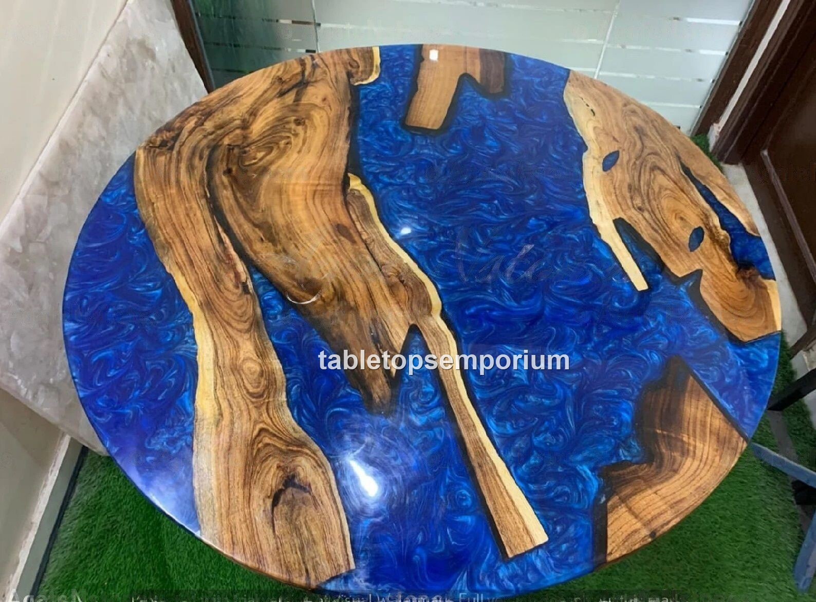 Ocean Blue Handmade Epoxy Side Table, Round Coffee Table, Natural Wooden Decors