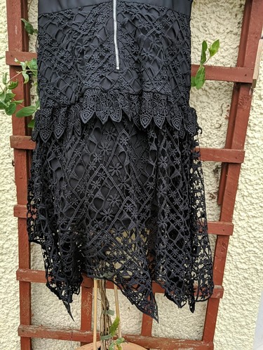 ALLYSON Heavy Black Lace Party Evening Dress Handkerchief Hem Christmas M Goth - Picture 15 of 22