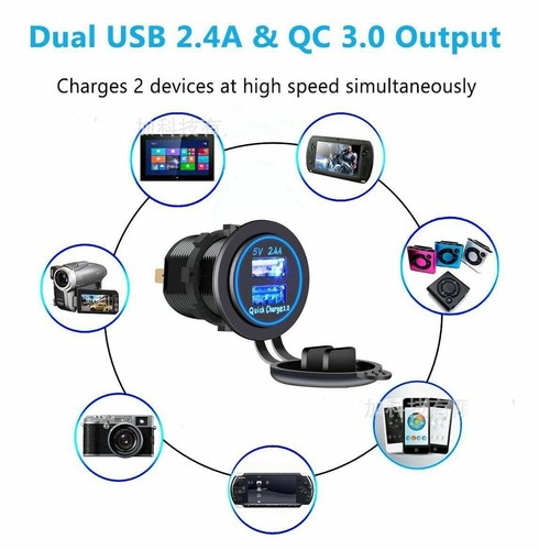 Quick Charger QC 3.0 Double USB Socket Outlet For Car Boat Motorcycle Golf Cart - Picture 2 of 21