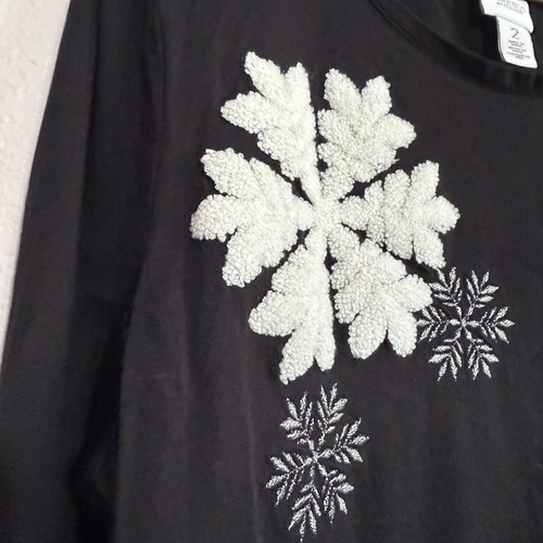 Chico's Weekend T-Shirt Womens Large (2) Black White Snowflake Embroidered Top - Picture 3 of 8
